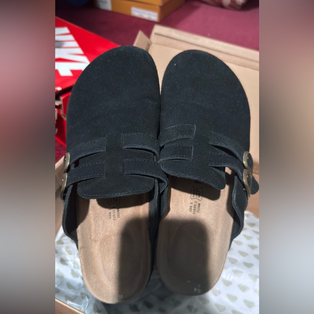 Amazon Women's Black Suede Mules with Strap